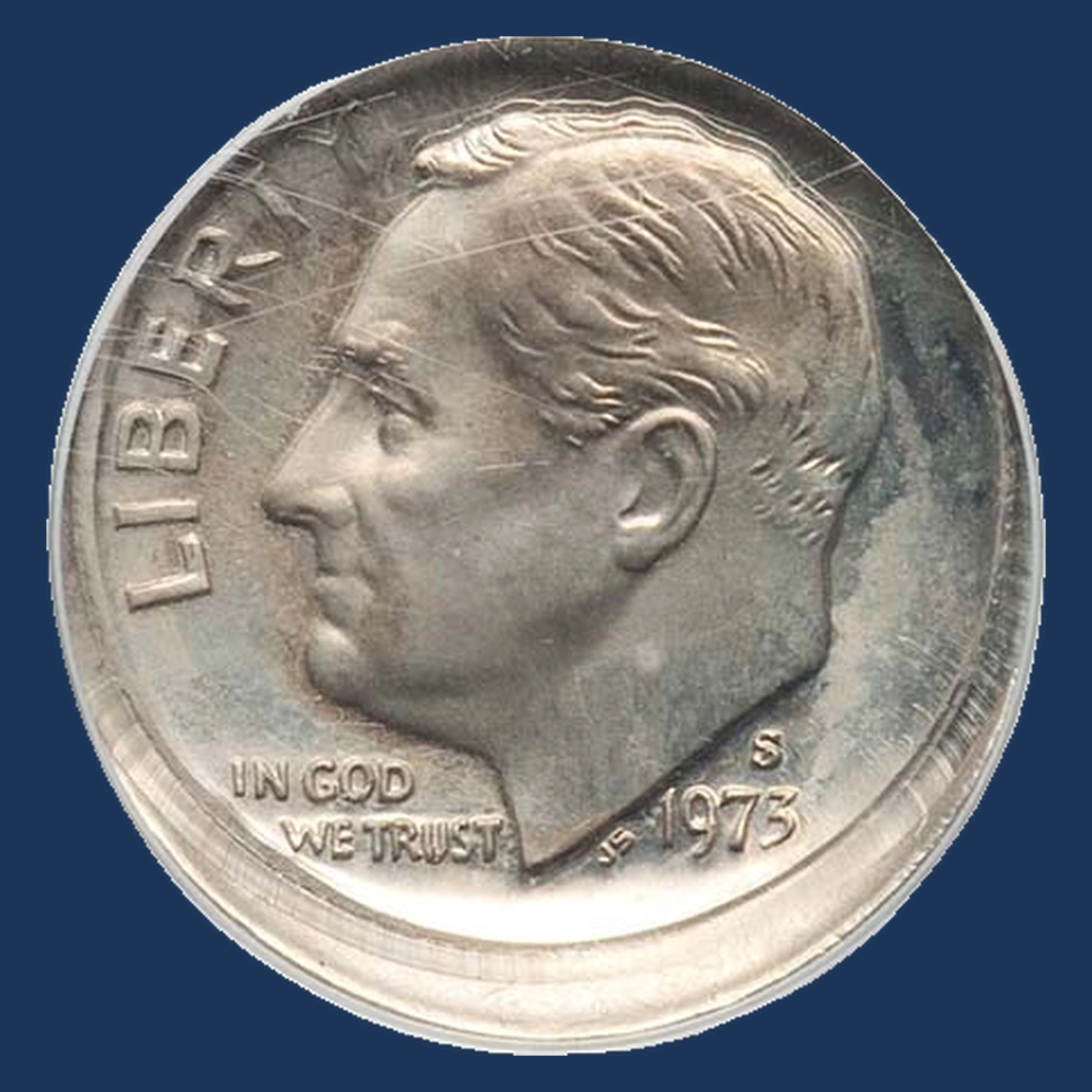 1973 Roosevelt Dime: two off-center strikes