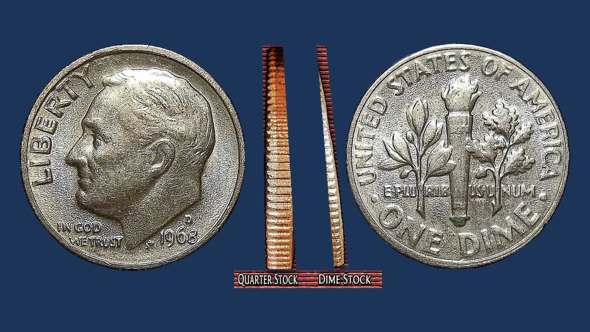 1968 Roosevelt Dime: Dime Struck on Quarter Stock