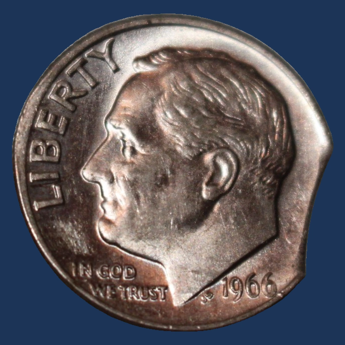 1966 Roosevelt Dime: Clipped Planchet