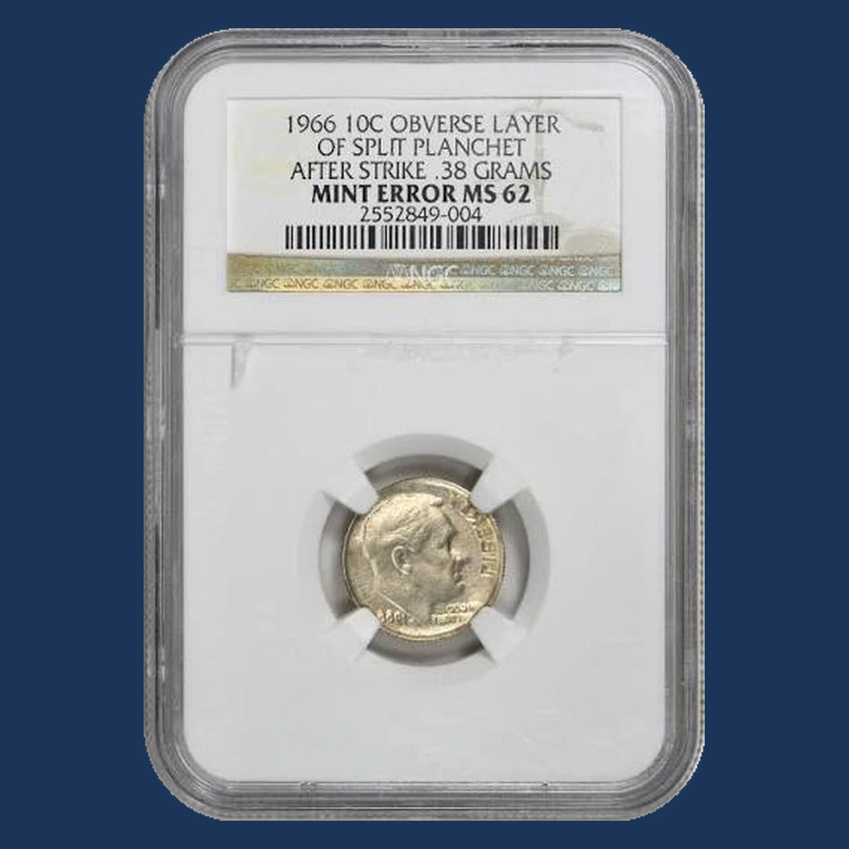 1966 Roosevelt Dime: Missing Obverse Clad Layer After Strike