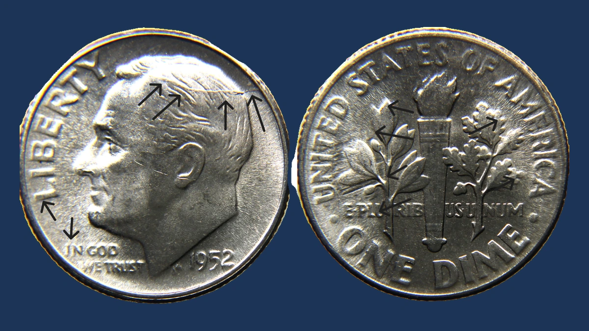 1952 Roosevelt Dime: Die Cracks / Spike Head