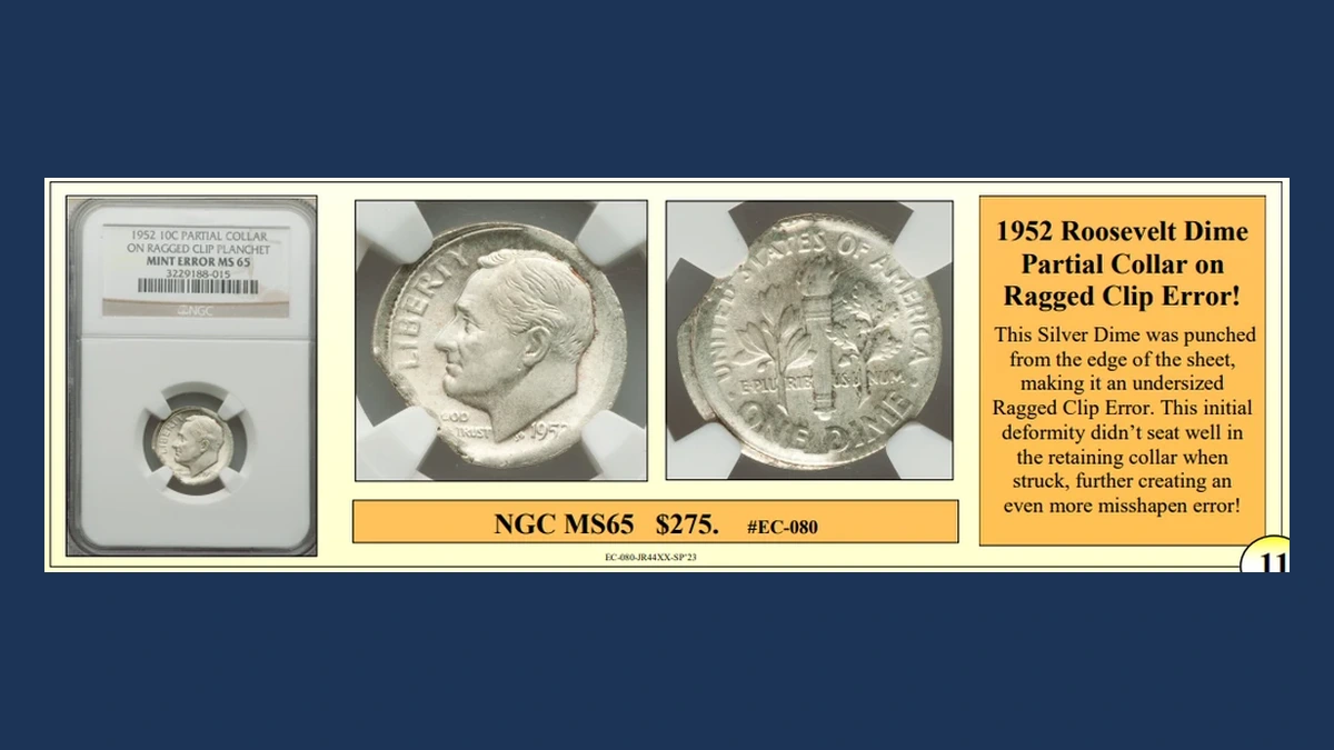 1952 Roosevelt Dime: Partial Collar with Ragged Clip