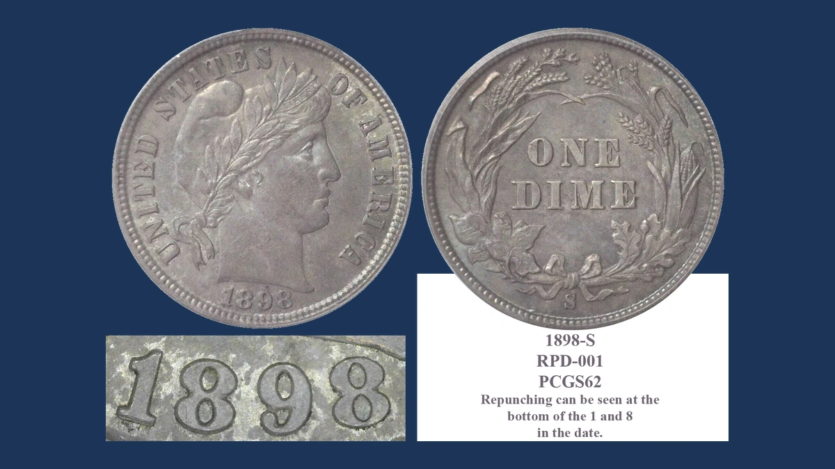 1898 Barber Dime: Repunched Date