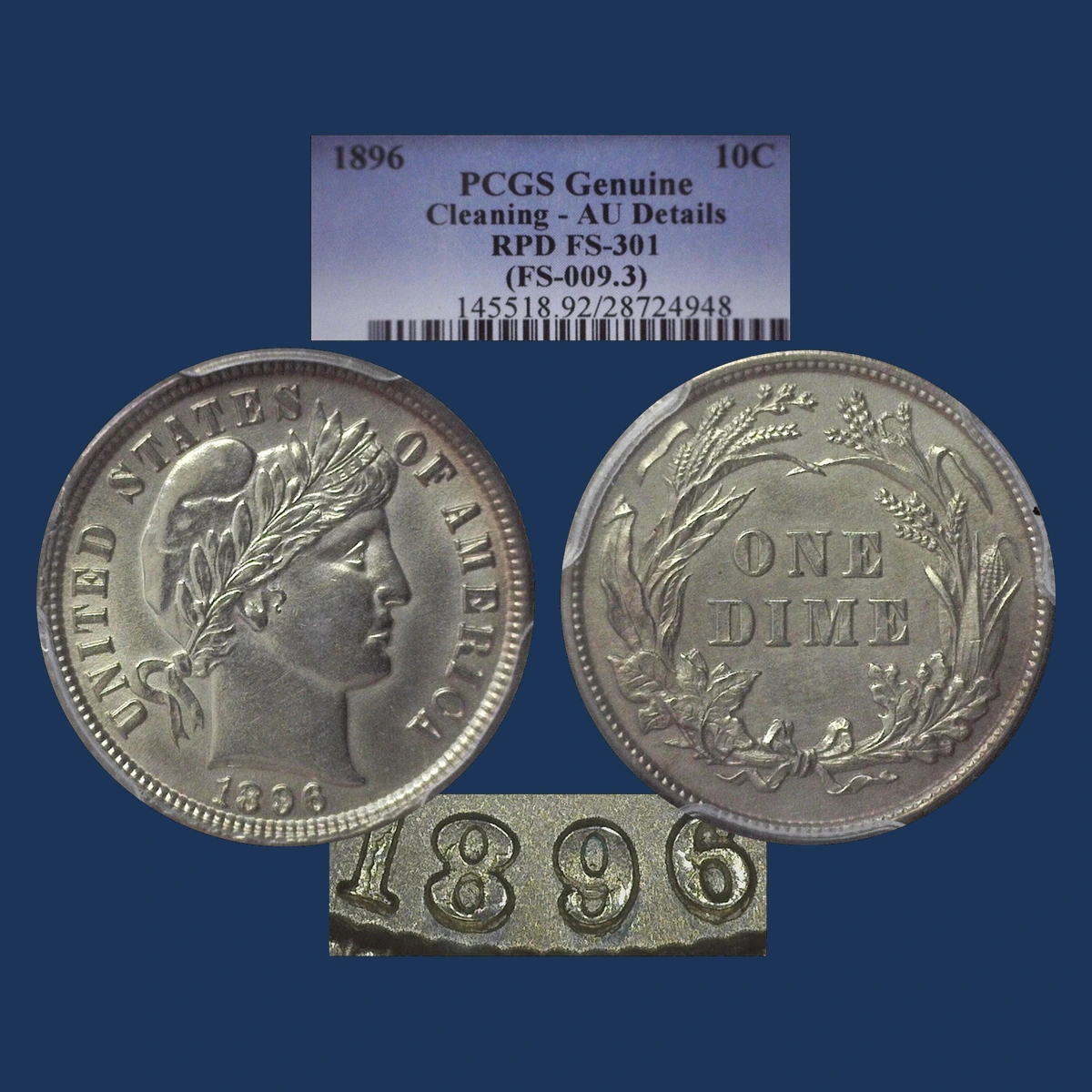 1896 Barber Dime: Repunched Date