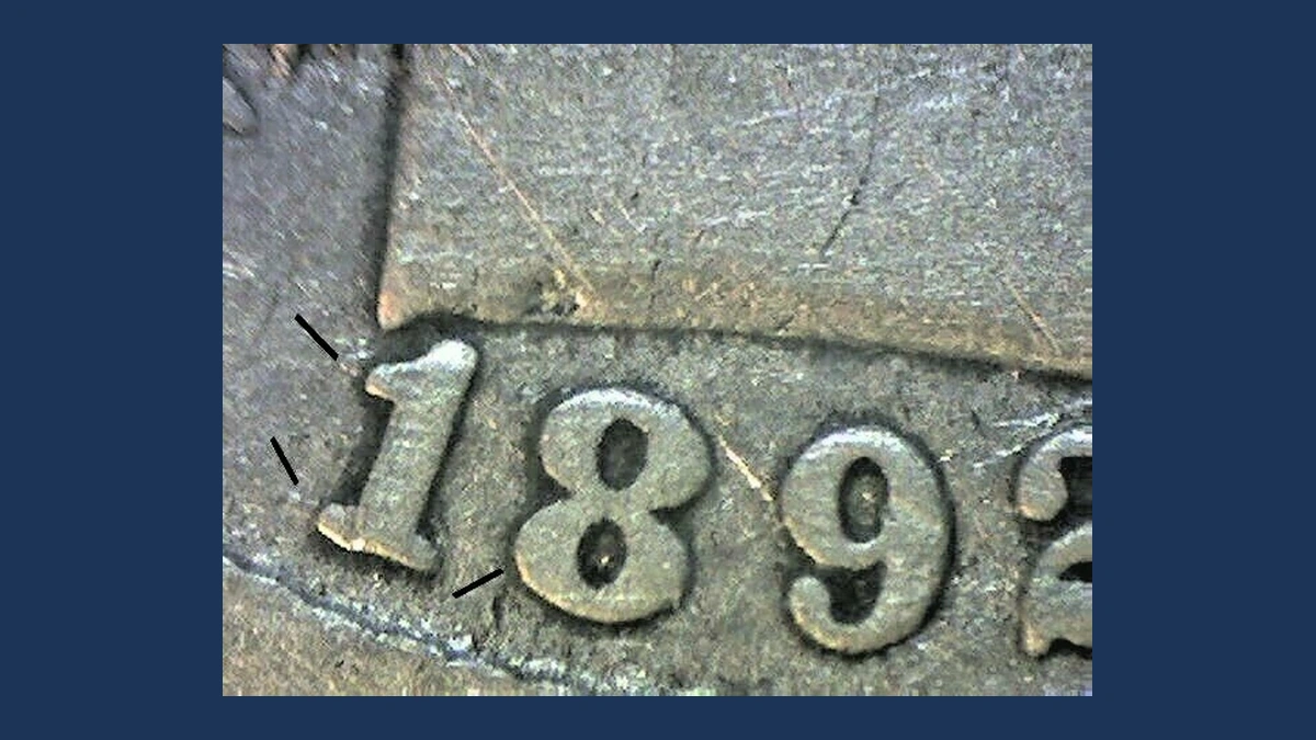 1892 Barber Dime: Repunched Date