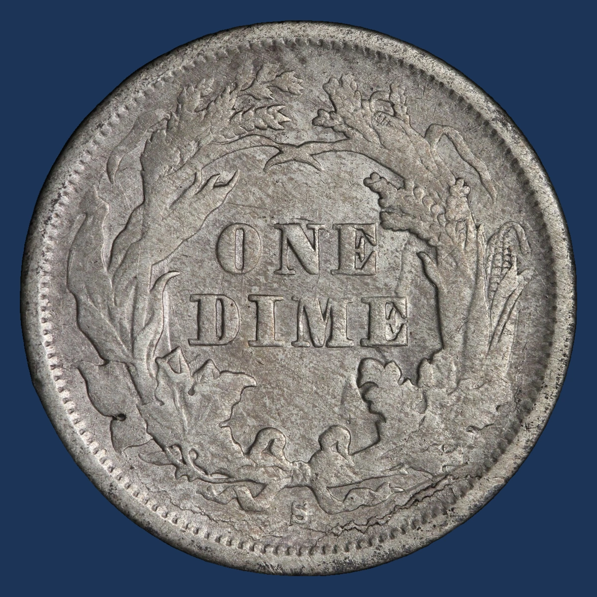 1876 Liberty Seated Dime: Die Crack / Die Chip
