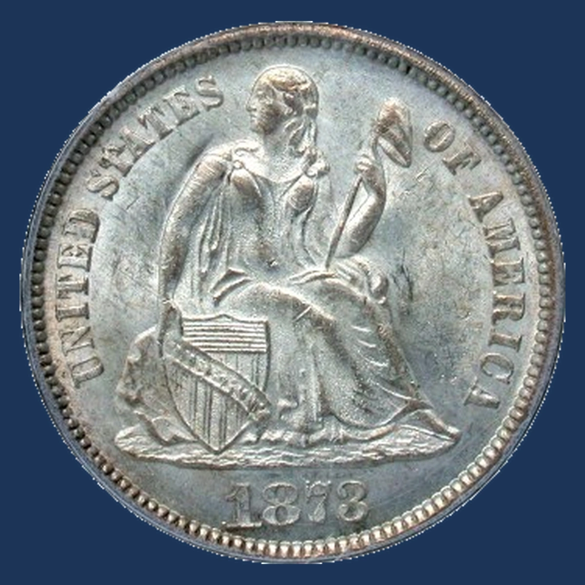 1873 Liberty Seated Dime: Die Crack / Die Chip