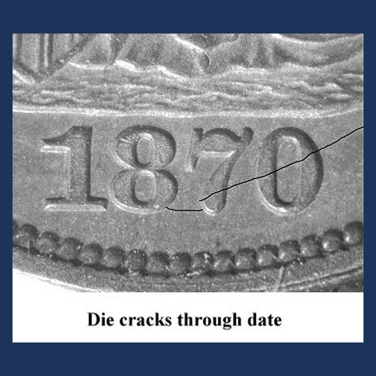1870 Liberty Seated Dime: Die Crack / Die Chip