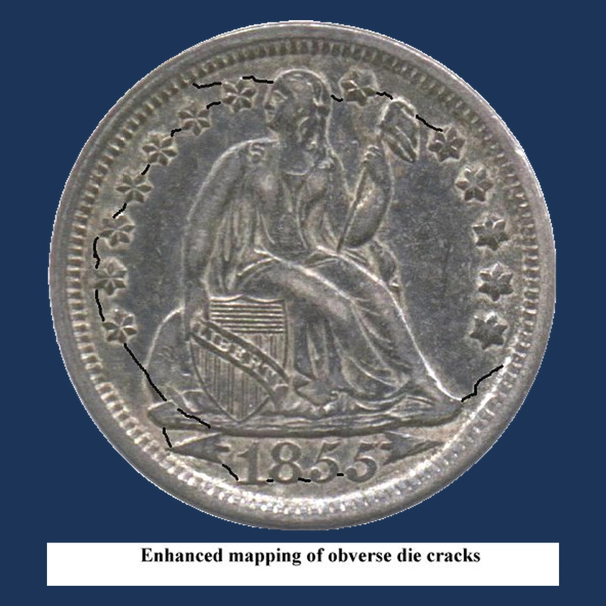 1855 Liberty Seated Dime: Die Crack / Die Chip
