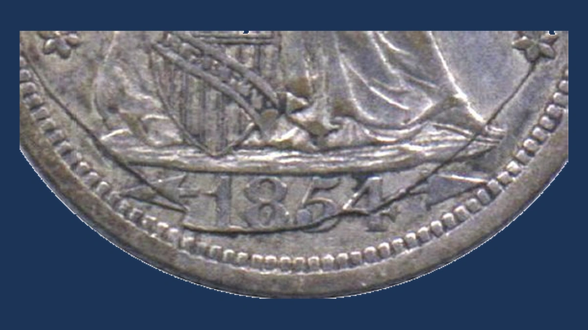 1854 Liberty Seated Dime: Die Crack / Die Chip