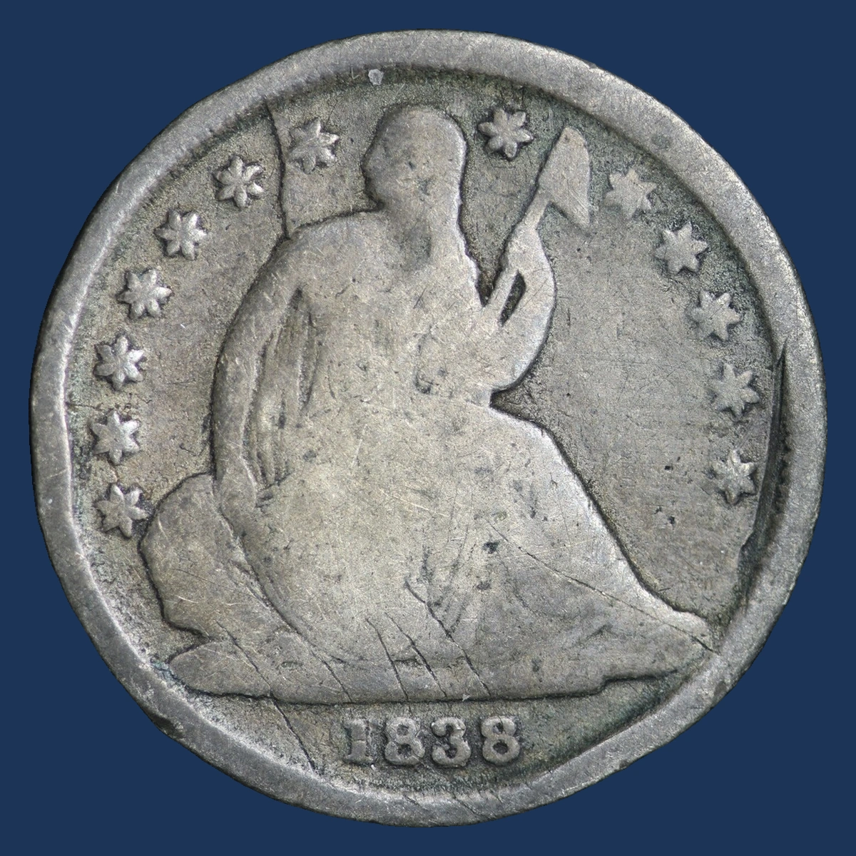 1838 Liberty Seated Dime: Die Crack / Die Chip