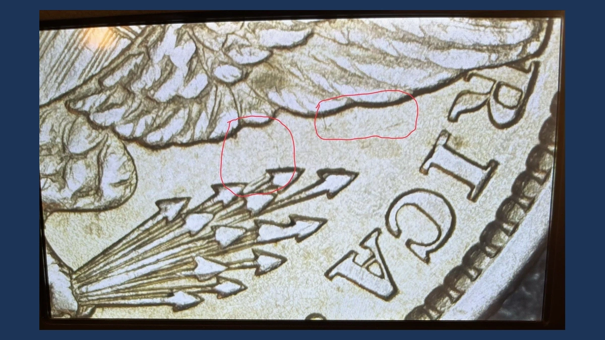 1896 Barber quarter reverse die-clash close-up near the arrows and eagle’s wing