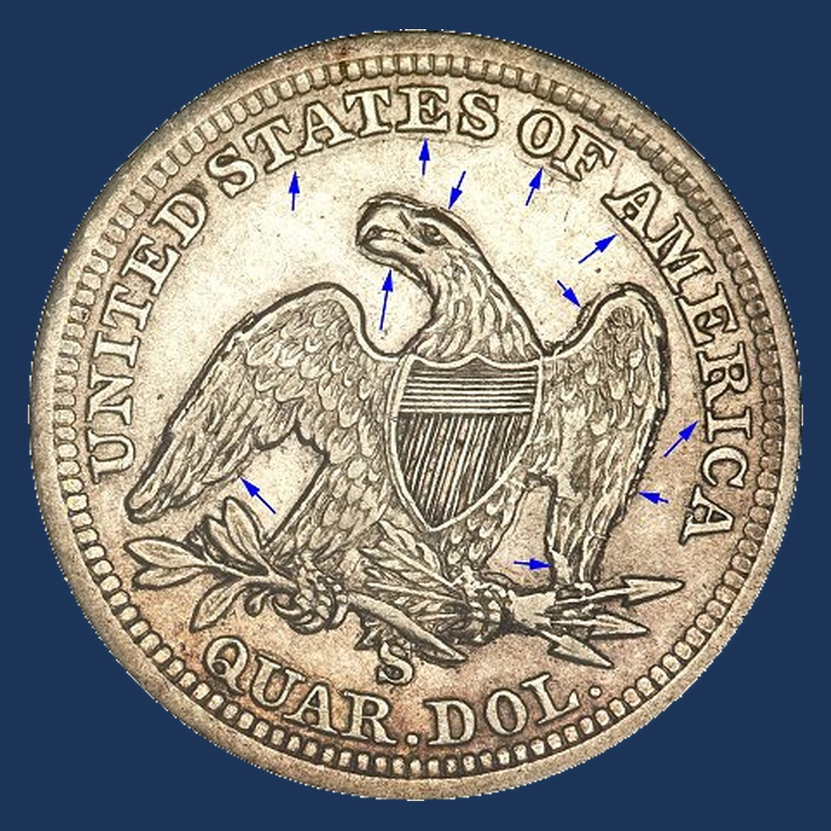 1855 Liberty Seated Quarter: Severe Reverse Die Deterioration