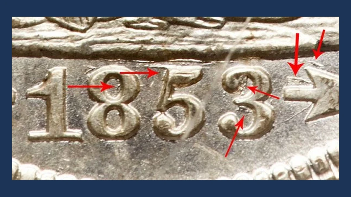 1853 Liberty Seated Quarter: 3 over4 Overdate