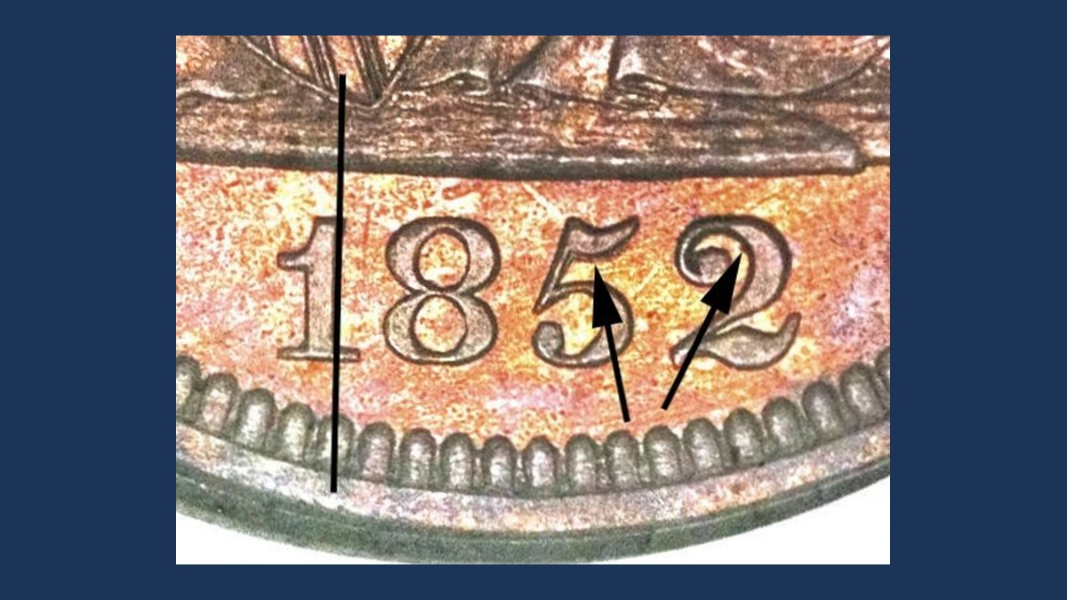 1852 Liberty Seated Quarter: Repunched Date