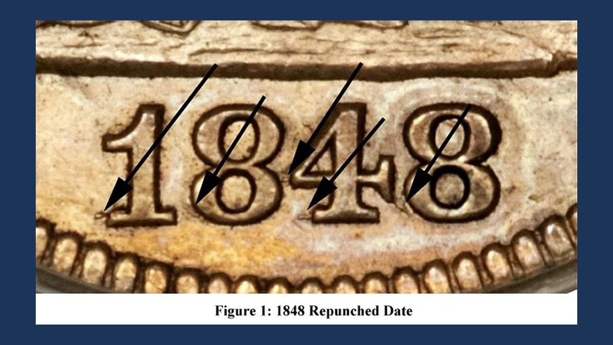 1848 Liberty Seated Quarter: Repunched Date