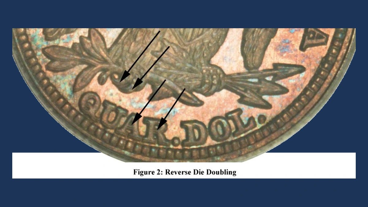 1847 Liberty Seated Quarter: Doubled Die Reverse with Repunched Date