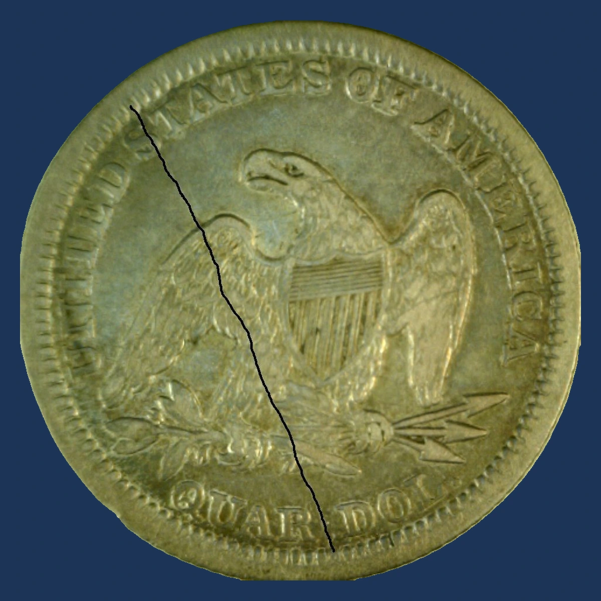 1845 Liberty Seated Quarter: Peripheral Die Breaks and Reverse Crack