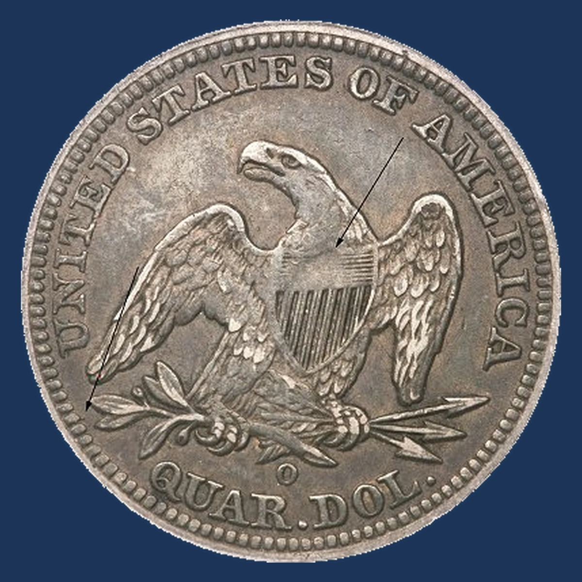 1842 Liberty Seated Quarter: Damaged Reverse Die