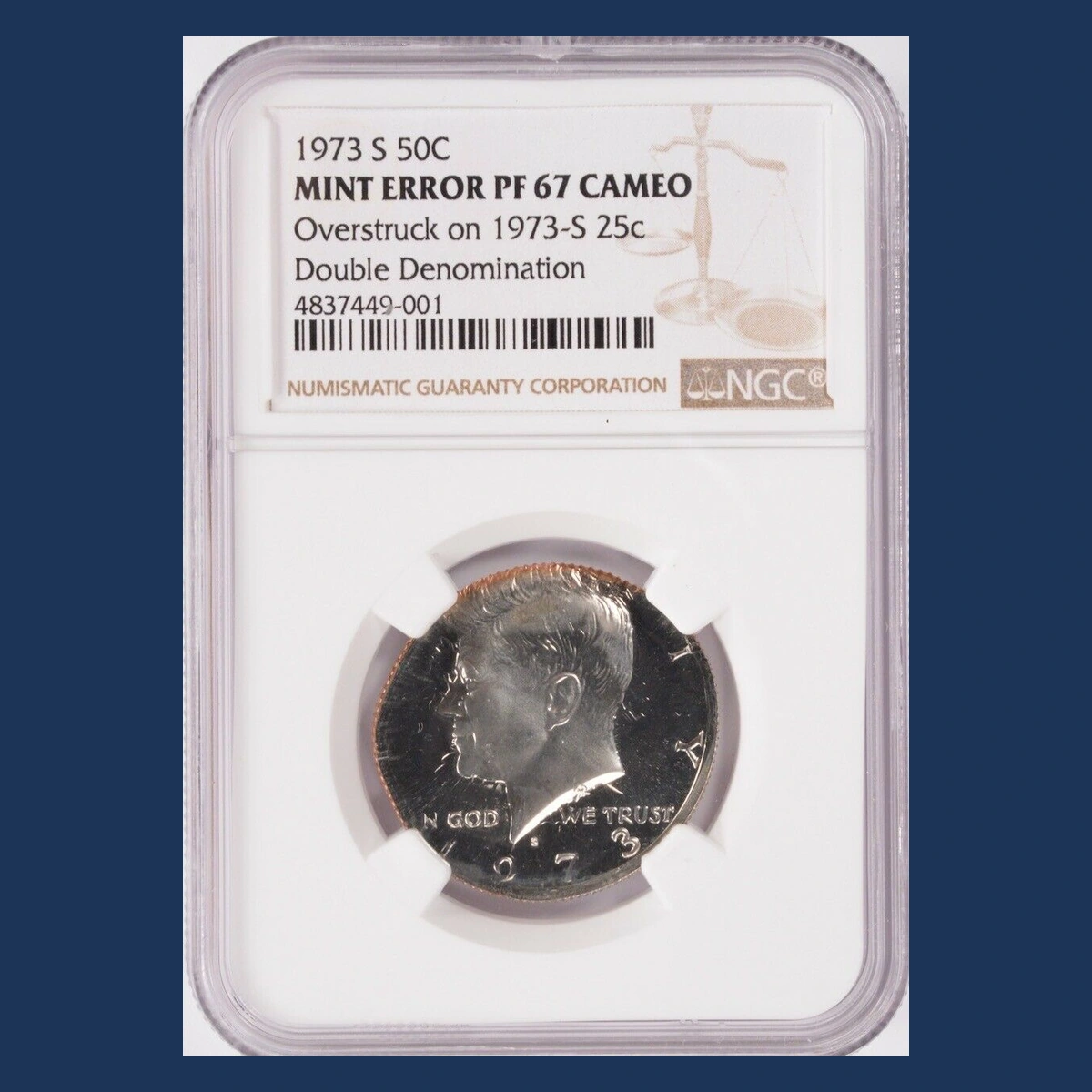 1973 Kennedy Half Dollar: Overstrike / Double Denomination
