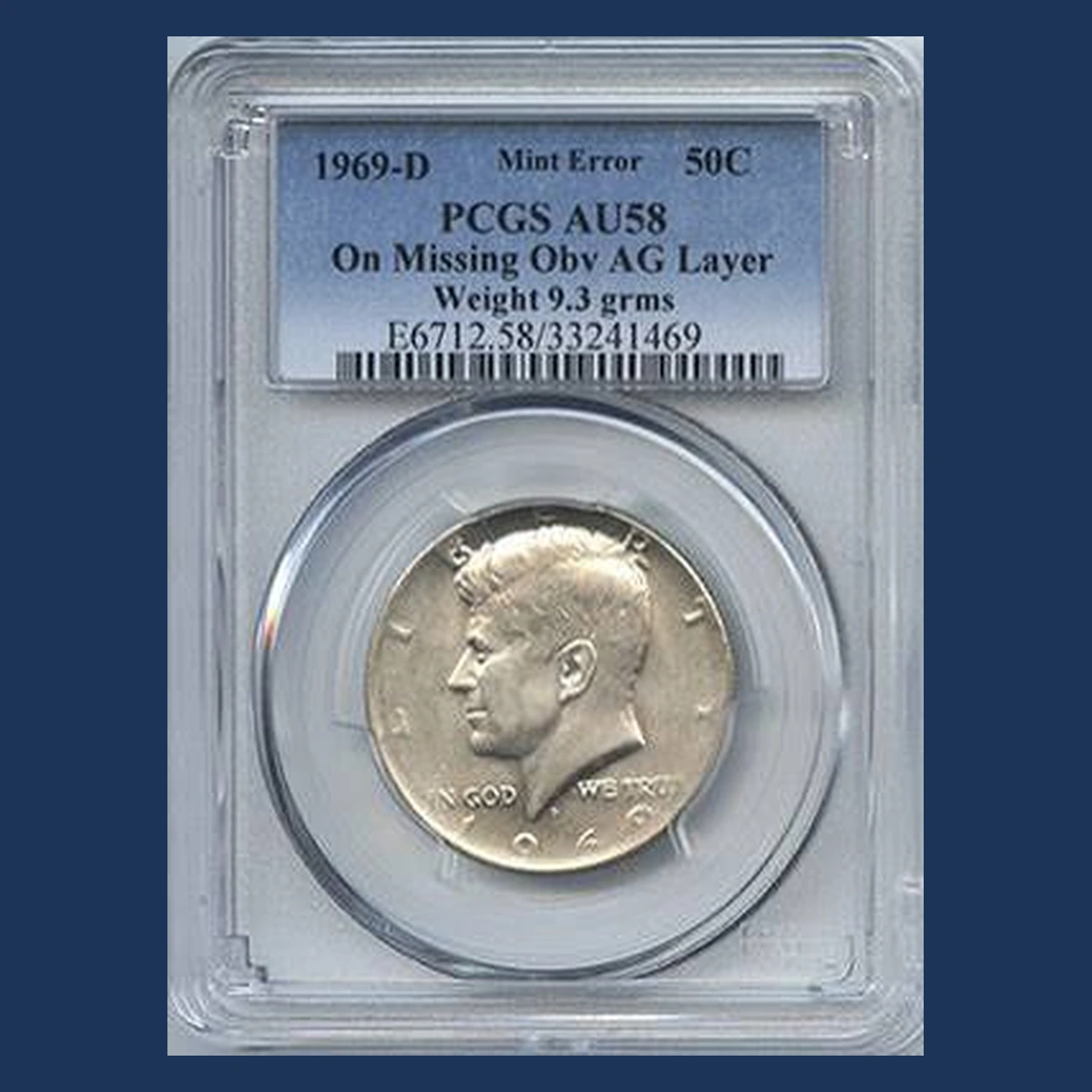 1969 Kennedy Half Dollar: Missing Obverse Silver Layer