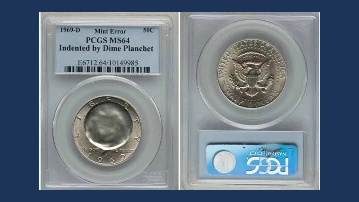 1969 Kennedy Half Dollar: Indented by a Dime Planchet