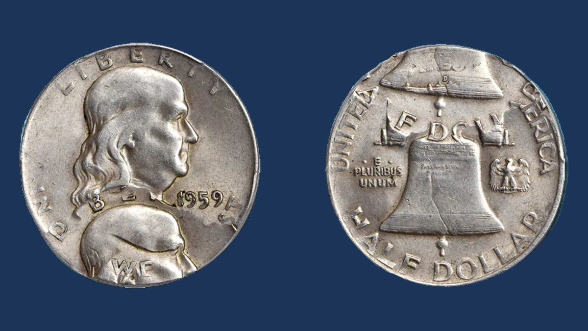 1959 Franklin Half Dollar: double strike with an off-center second impression