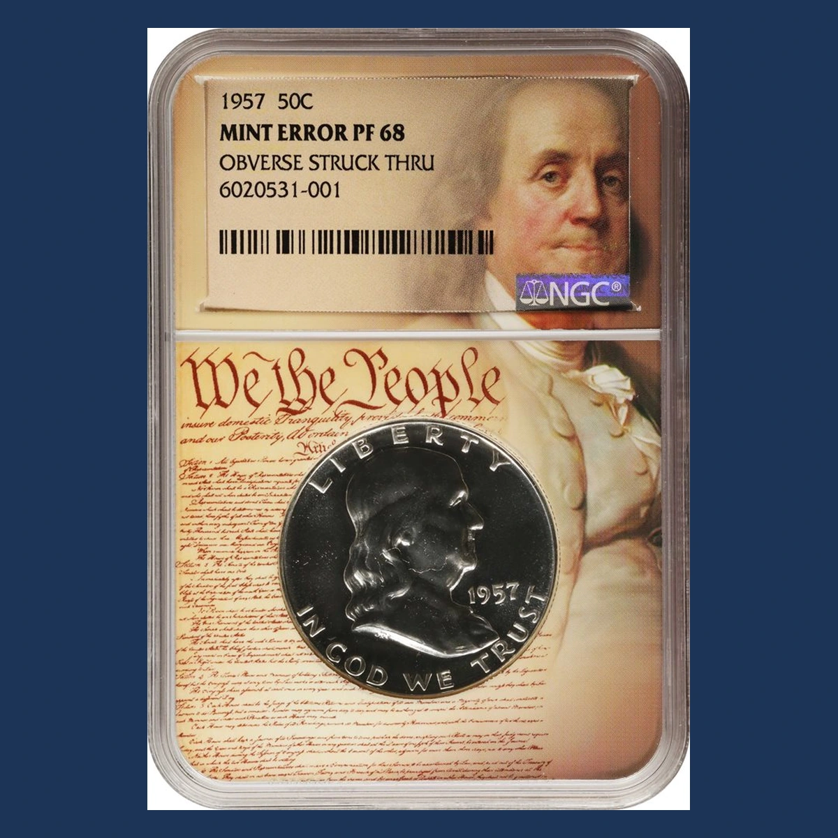 1957 Franklin Half Dollar: obverse strike-through