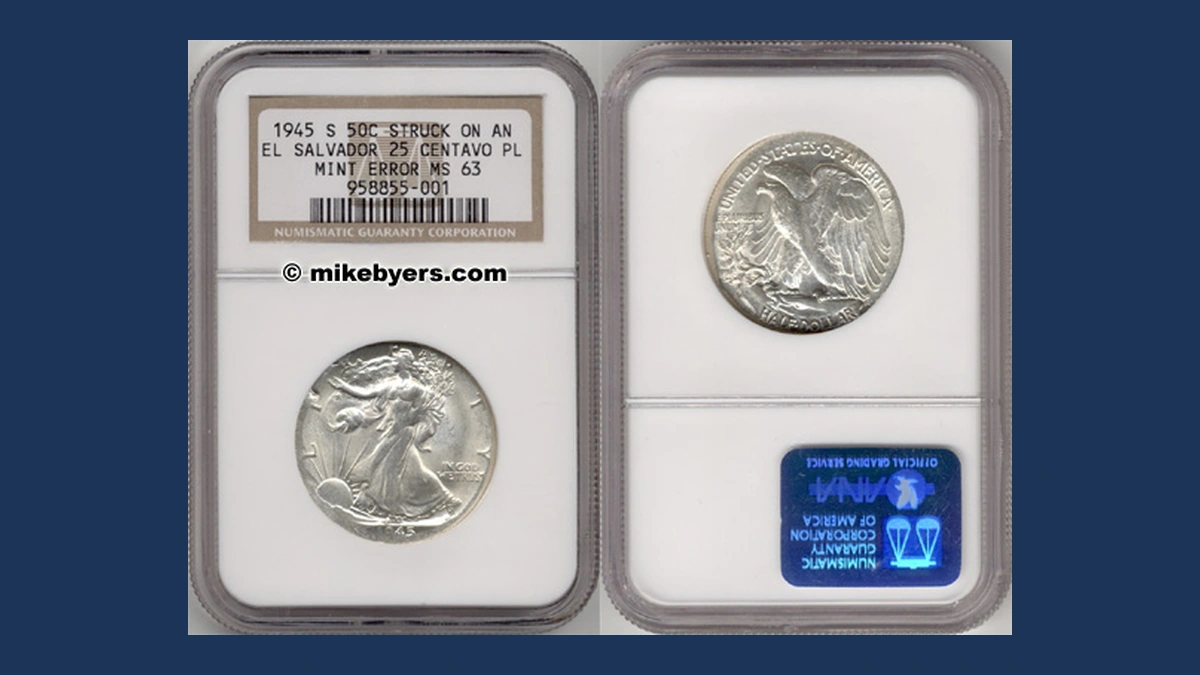 1945 Walking Liberty Half Dollar: Wrong Planchet / Off-Metal Strike