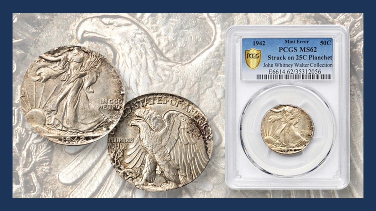 1942 Walking Liberty Half Dollar: Wrong Planchet / Off-Metal Strike